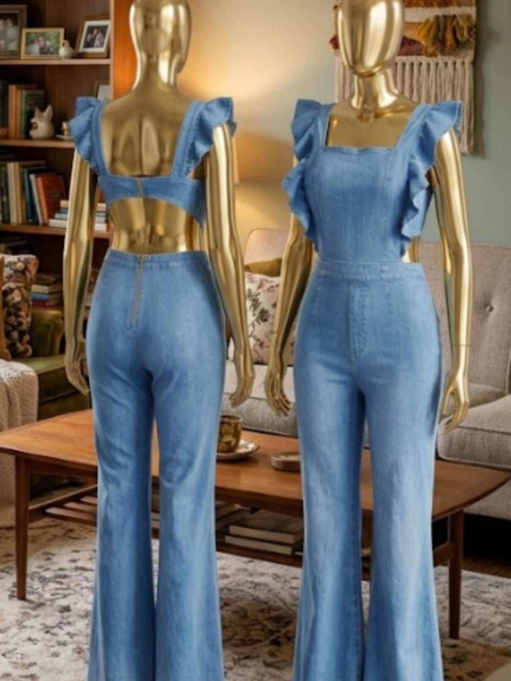Fashion Nova Light Blue Denim Ruffle Strap Jumpsuit